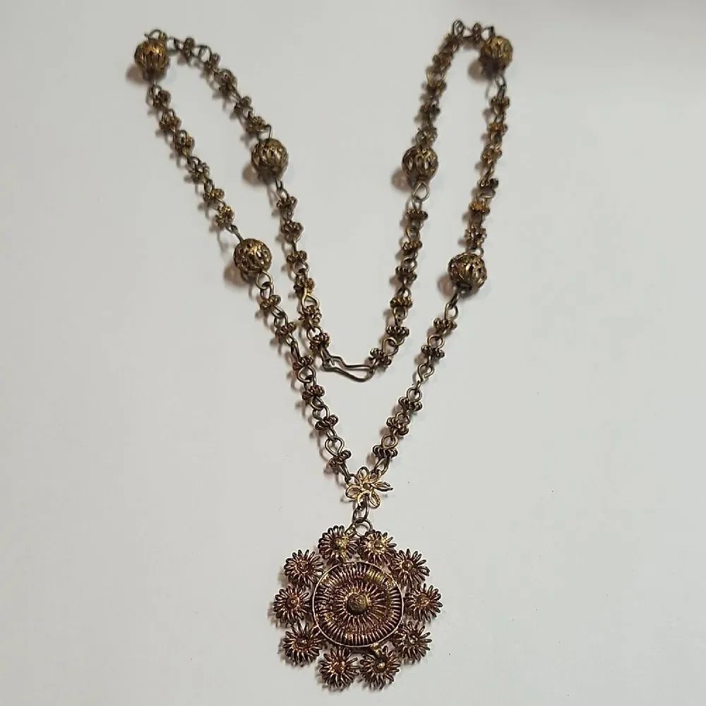 A fire gilded brass/copper filigree woman's reliquary necklace "tambourine"
